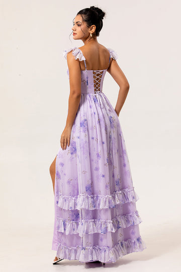 Lavender Floral A-Line Corset Ruffle Sleeves Chiffon Print Long Bridesmaid Dress with Slit